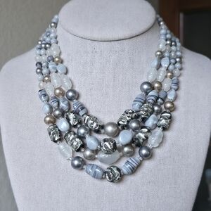 Vintage Multi-Strand Silver Gray Glass Faux Pearl Beaded Statement Necklace